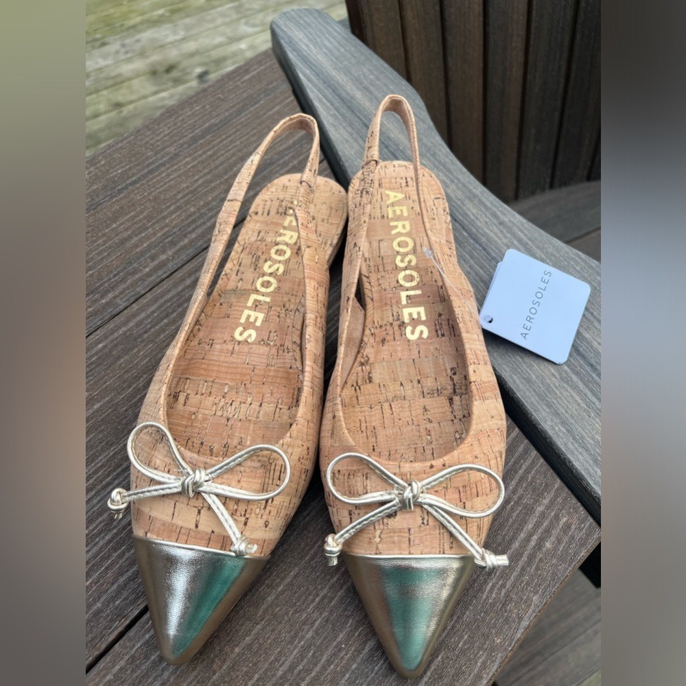 Aerosoles Women Cork Slingback Flats Silver Pointed Toe Bow Detail Size 9 - Picture 4 of 6
